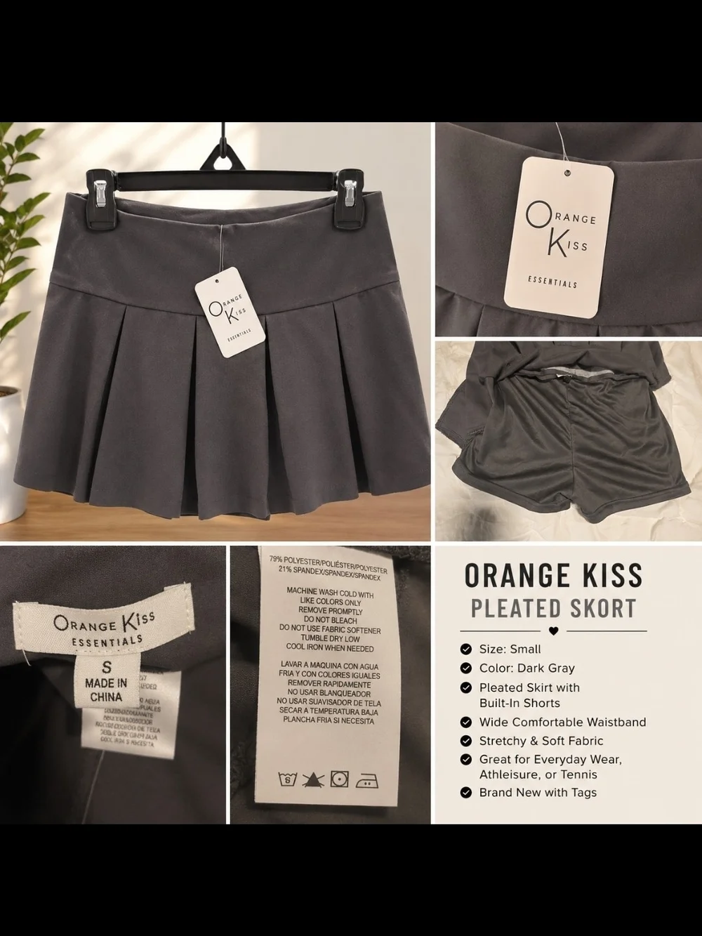 Orange Kiss Dark Gray Pleated Skort with Built-In Shorts